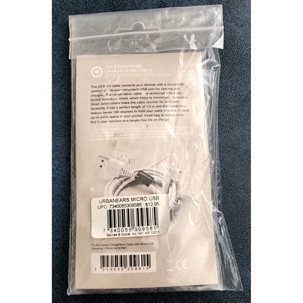URBANEARS Micro USB Charge Sync Cable for BN NOOK COLOR & Android Devices NEW